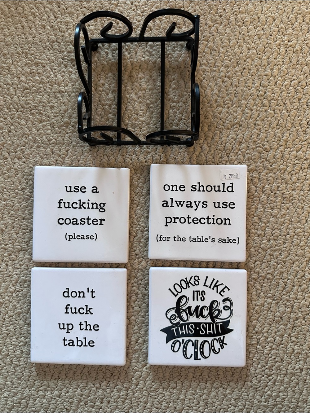 Set of 4 Funny Ceramic Coasters with Black Metal Holder